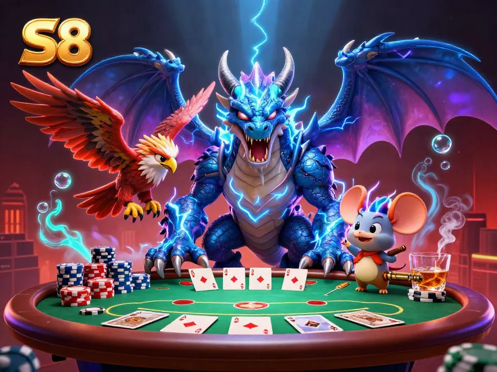 Experience electrifying casino action with S8's gaming dragon, poker elements, and vibrant visuals.