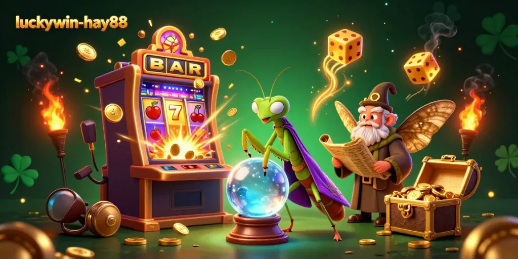 Experience thrilling wins with luckywin-hay88 in this vibrant casino illustration featuring fantasy characters.