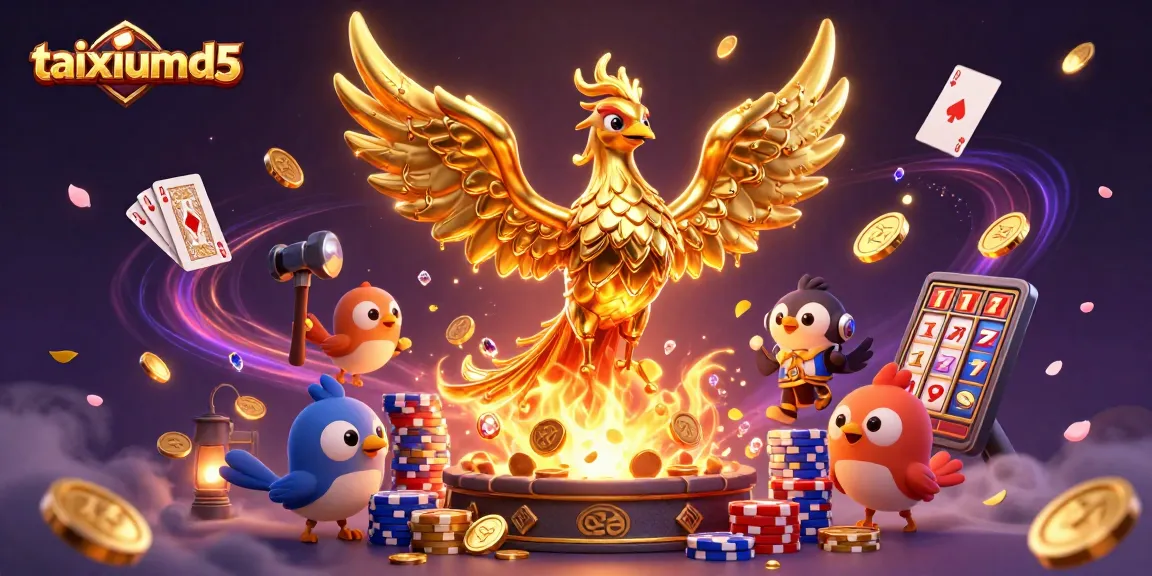 Experience the thrill of taixiumd5 with a golden phoenix and casino elements bursting with excitement!