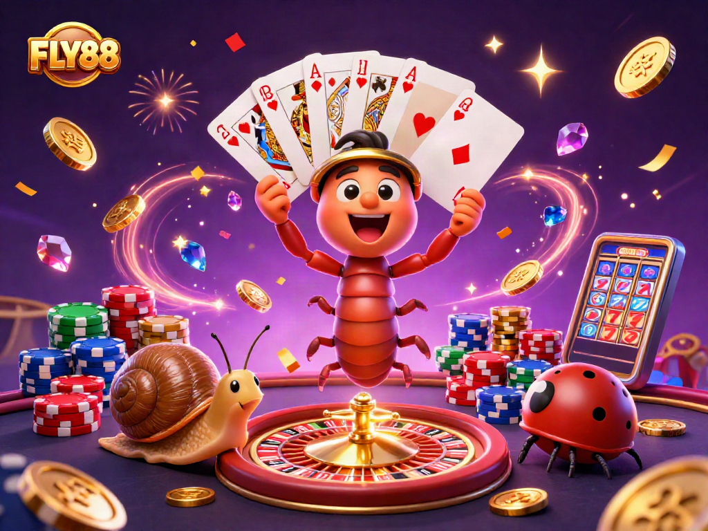 Experience the excitement of FLY88 with a vibrant casino-themed illustration filled with colorful elements.