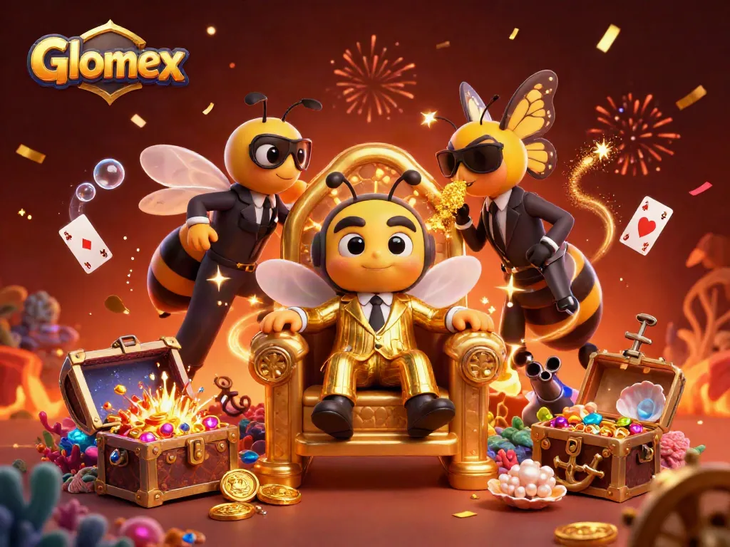 Glomex showcases a vivid casino scene with a bumblebee mob boss amid treasure and festive elements.