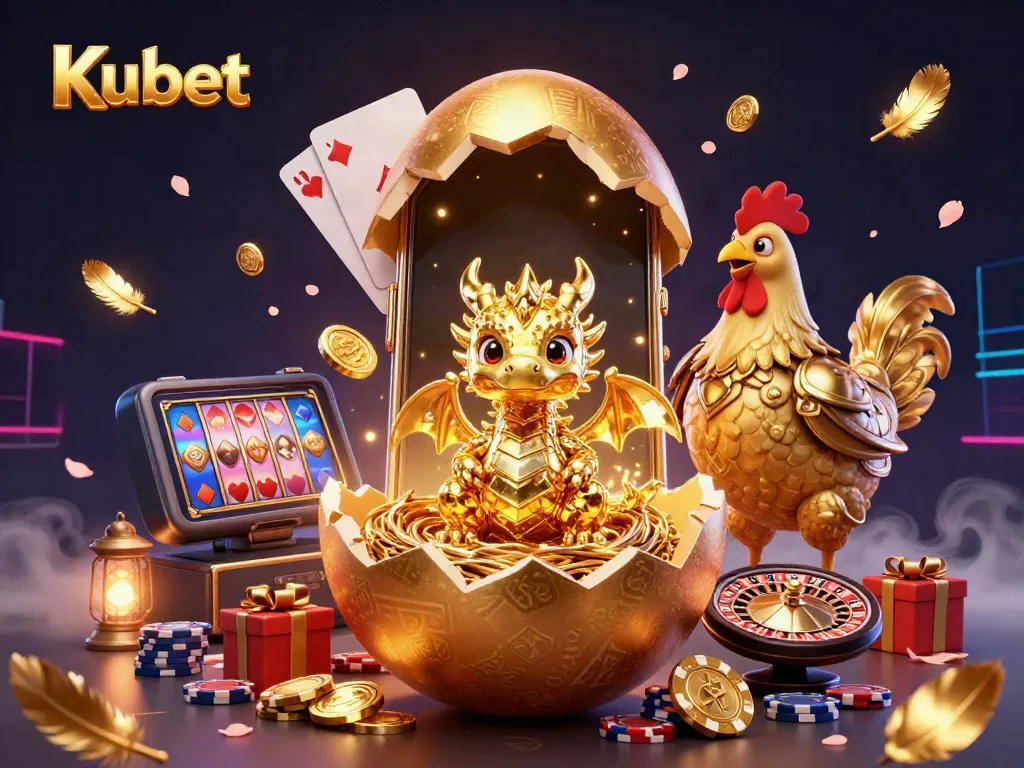 Kubet offers a vibrant experience with a golden dragon amidst slot game elements, reflecting excitement in online gaming.
