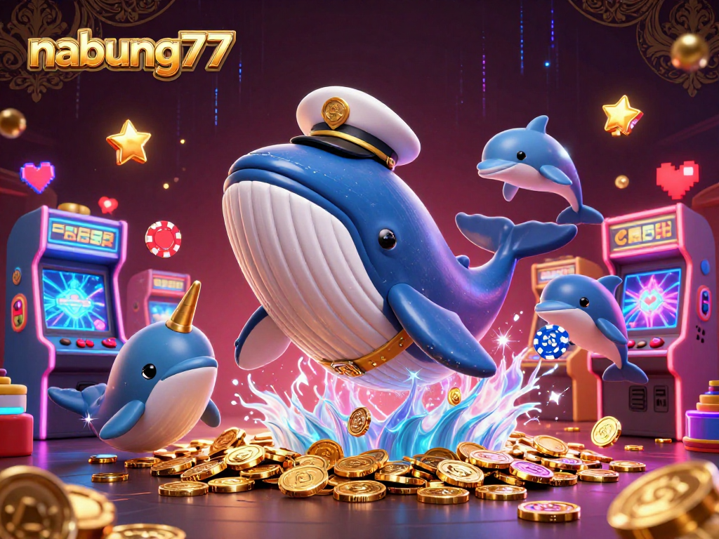 Nabung77 captures thrilling gameplay with a whale and dolphins amidst coins and arcade machines.