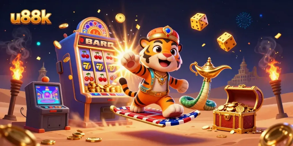 Experience the thrilling u88k casino world with cartoon sultans, slot machines, and jackpots in this vibrant 3D scene.