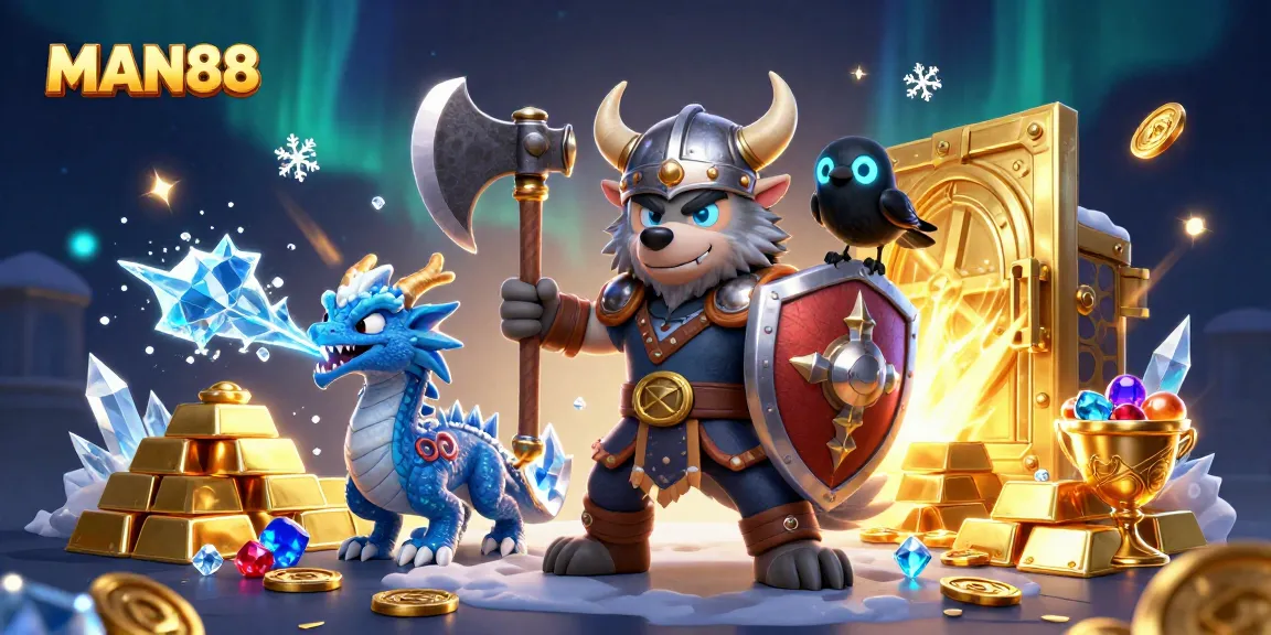 Join the excitement at MAN88 with a Viking wolf warrior, fierce dragon, and treasure immersed in a vibrant casino world.