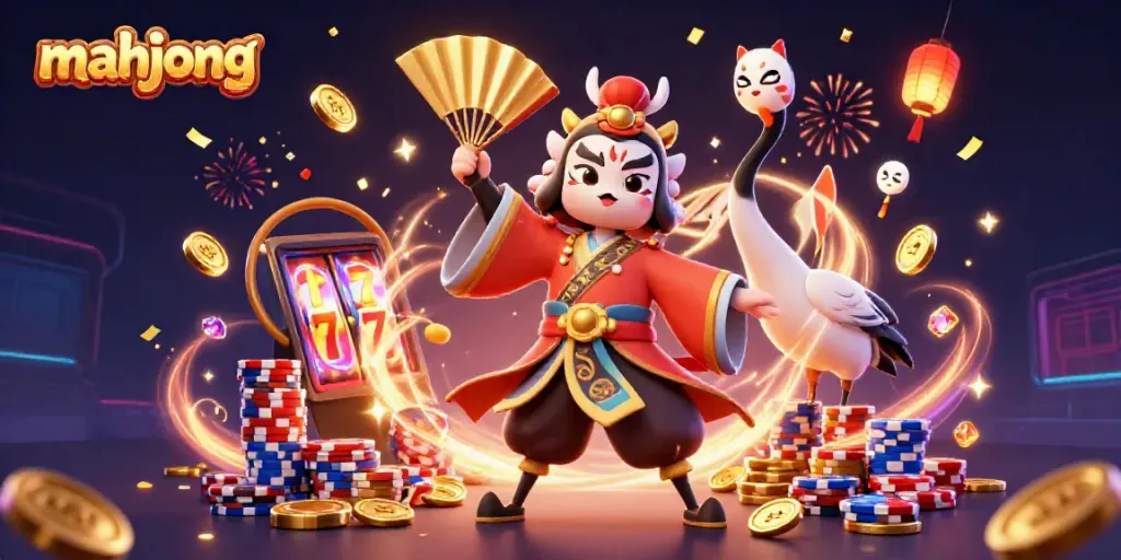 Permainan mahjong menampilkan kekuatan dan keindahan karakter tradisional dalam suasana kasino yang meriah.