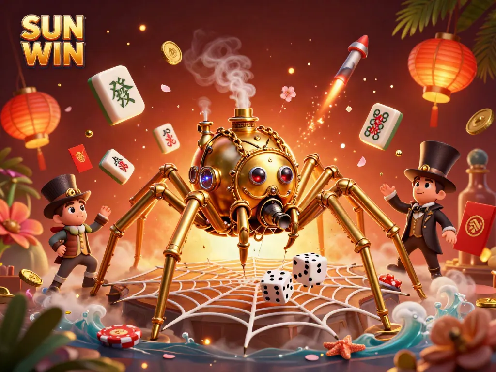 Engage in the thrill of SUN WIN with a steampunk spider weaving its gambling web surrounded by vibrant gaming elements.