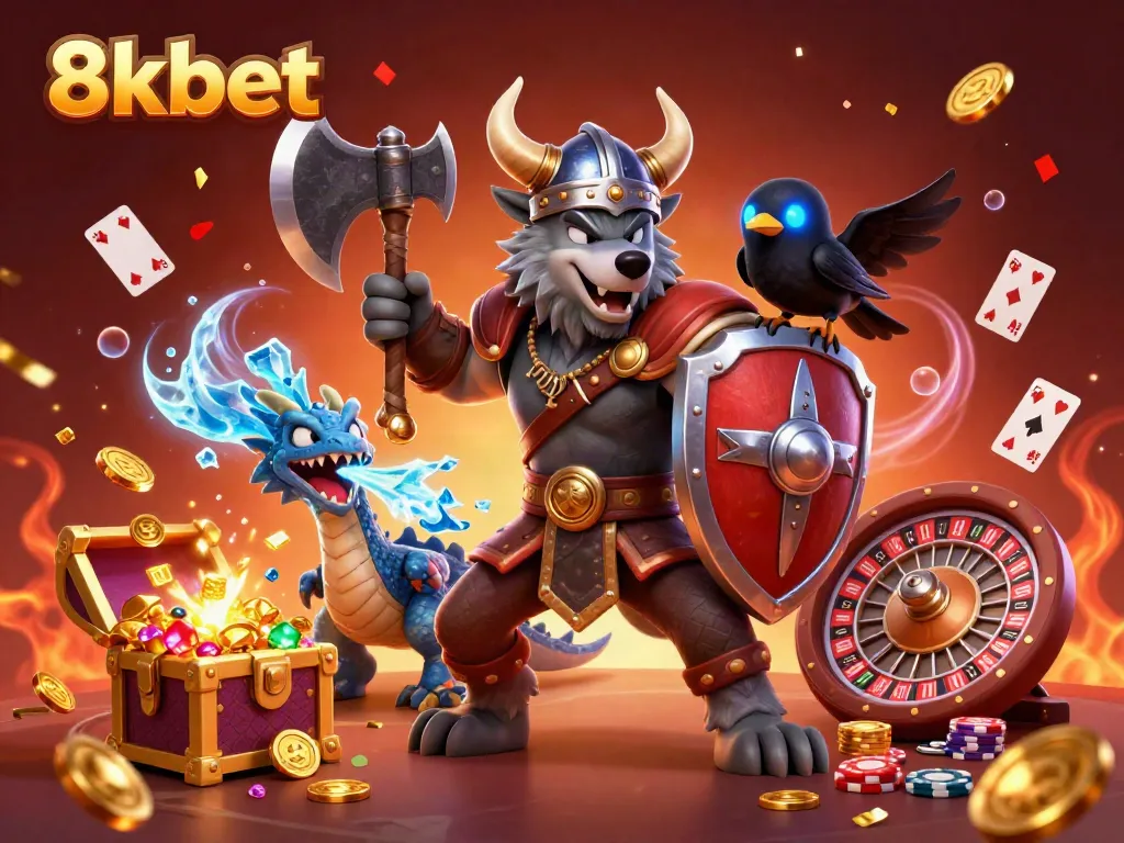 Experience thrilling wins with 8xbet in this dynamic casino scene featuring Viking warrior and dragon.