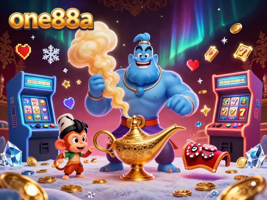 Engage with one88a's vibrant casino experience featuring a genie, monkey, and magic carpet amidst colorful gaming elements.