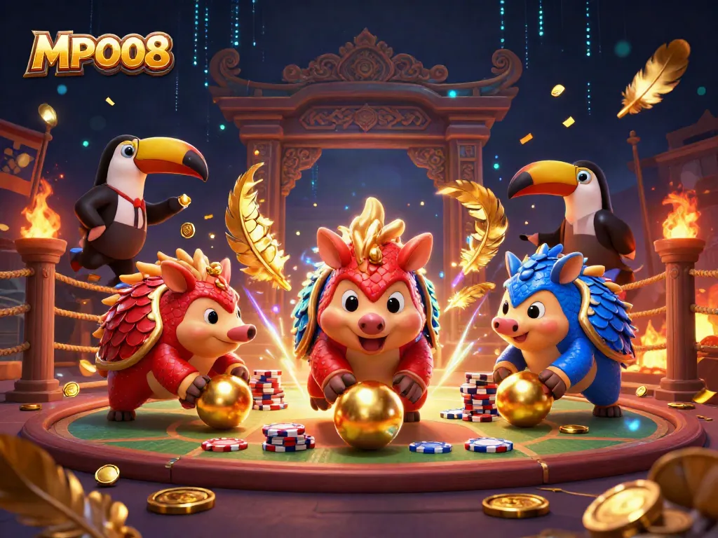 MPO08 pangolins in a vibrant casino scene, competing with stacks of chips and golden coins, creating excitement.
