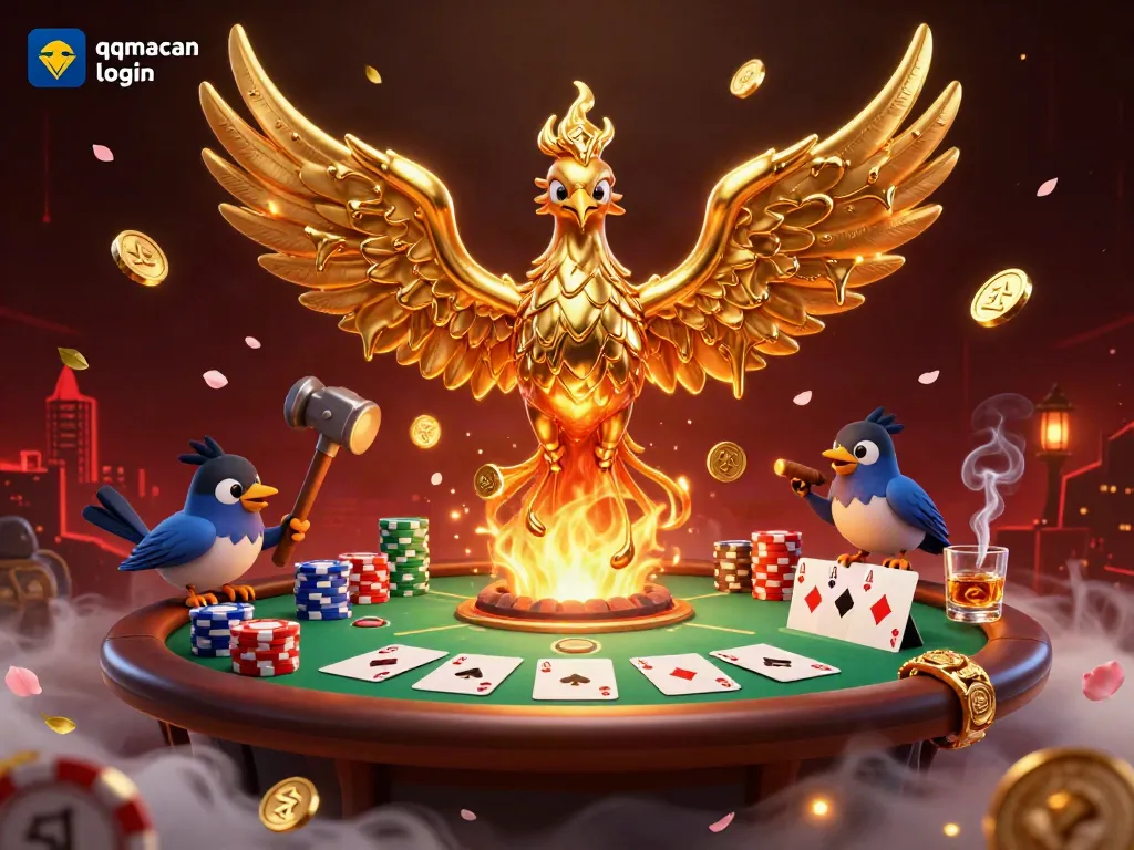 Experience excitement at QQ Macan with vibrant golden phoenix and poker elements, perfect for players.