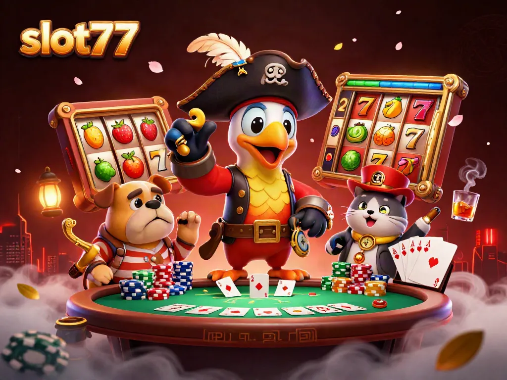 Slot77 menghadirkan suasana permainan slot dengan paduan karakter unik, gulungan slot, dan simbol buah yang memukau.