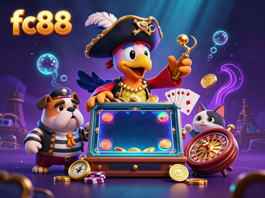 Engage in thrilling gameplay with fc88 as pirate-themed characters command colorful slot games and winnings.