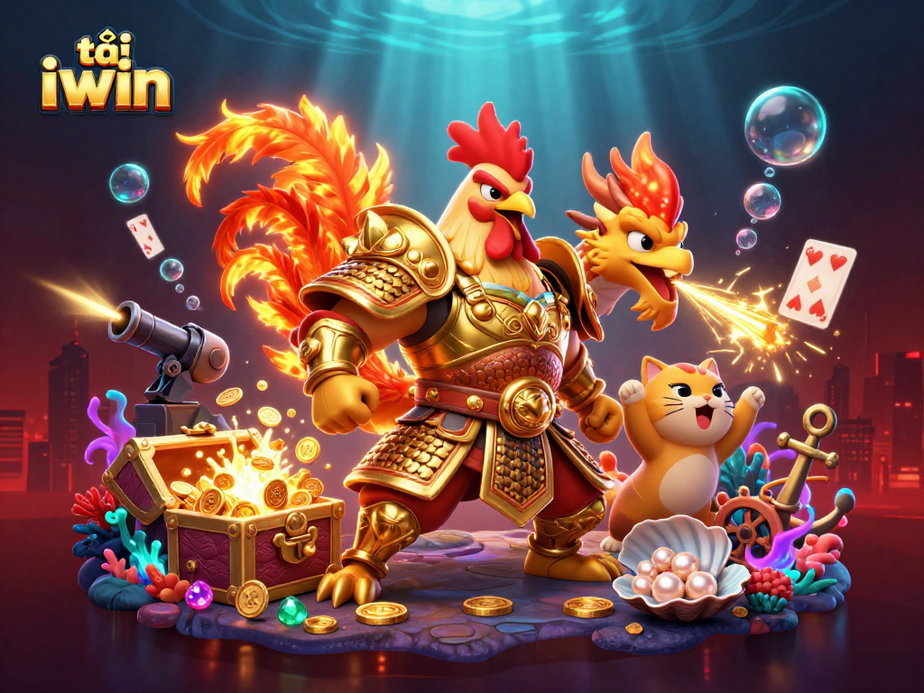 Experience excitement with tải iwin featuring a powerful rooster warrior and treasure-filled underwater scene.