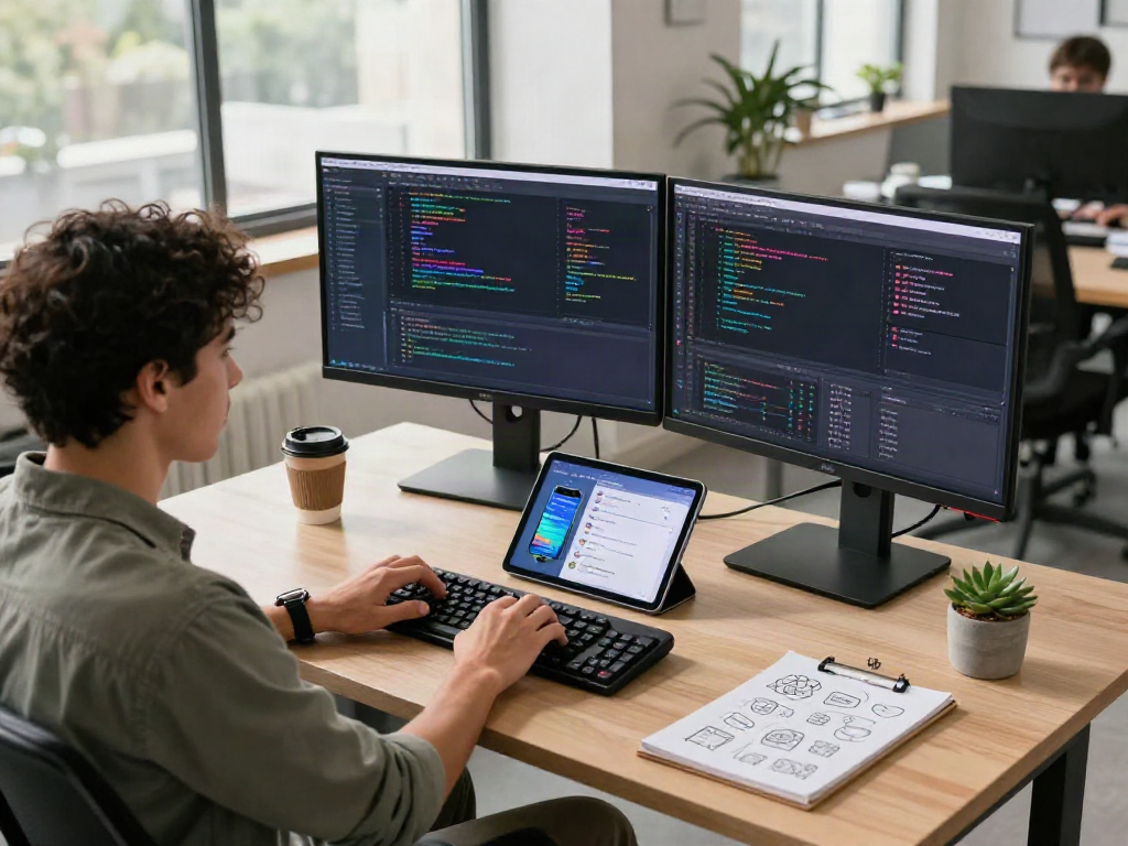 go8 software developer working in a vibrant modern office with dual monitors and design sketches.
