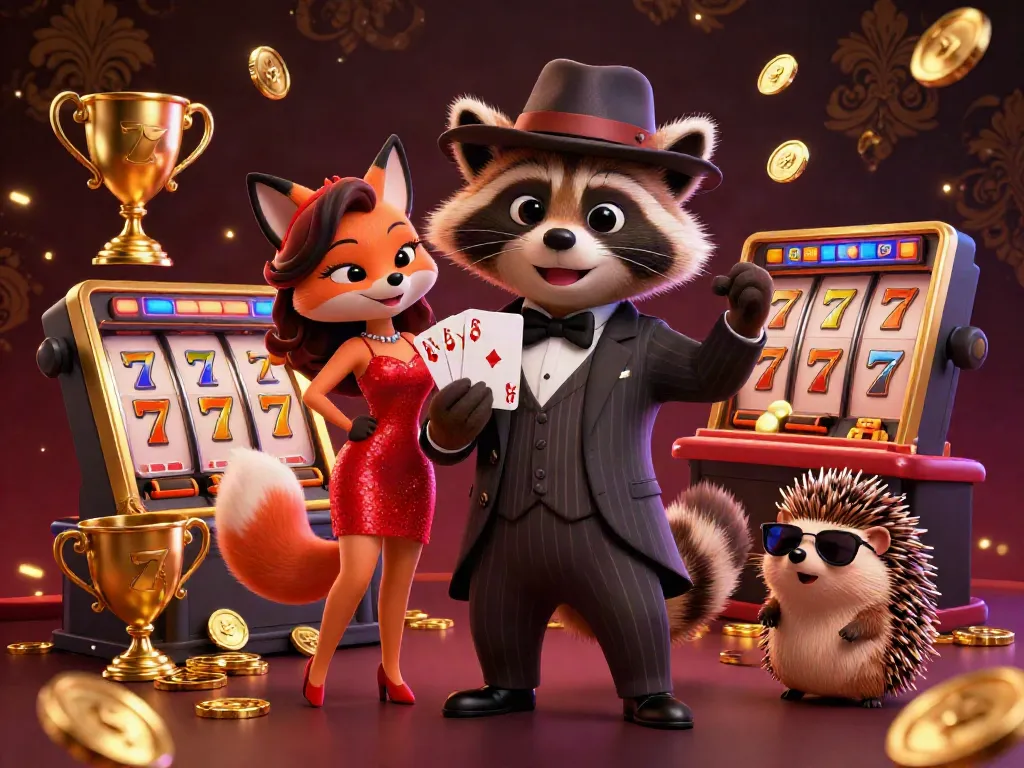 Engage with AO88 COM's thrilling casino scene, featuring an animated raccoon and glamorous fox, surrounded by jackpot elements.