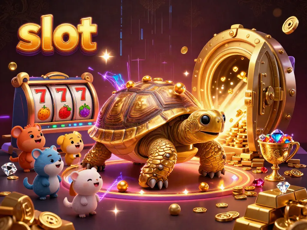 Slot reels and a golden tortoise invite gamblers to play in a vibrant casino scene full of treasures.