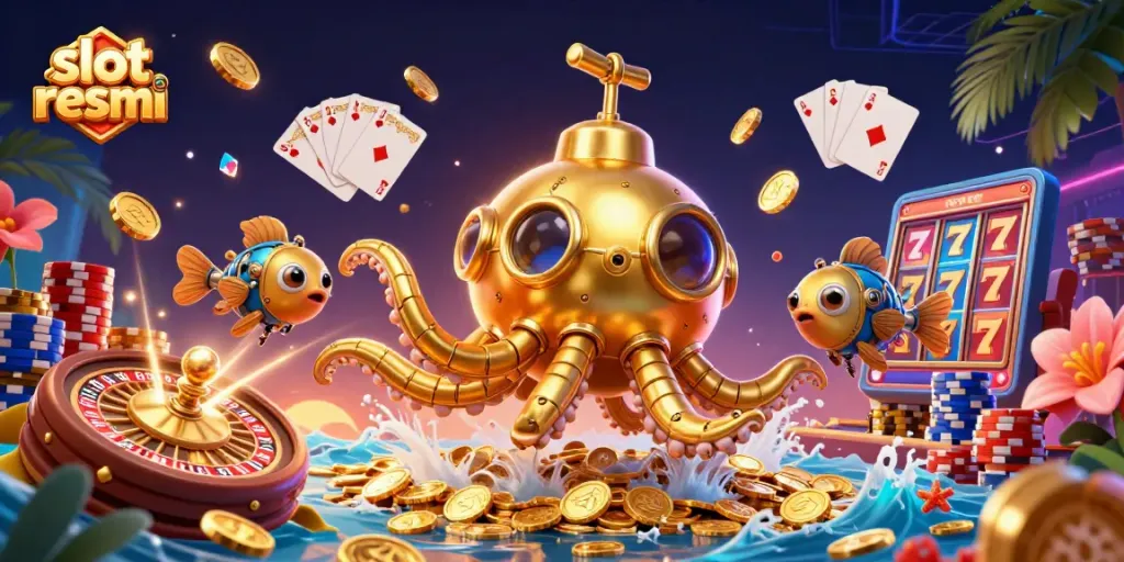 Slot resmi menampilkan pemenang jackpot besar dengan simbol keberuntungan dan koin emas yang melimpah.