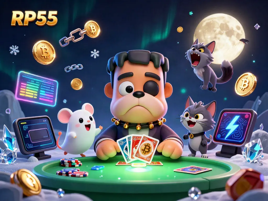 RP55 showcases a vibrant 3D scene with unique characters engaged in a card game, featuring neon elements and casino motifs.