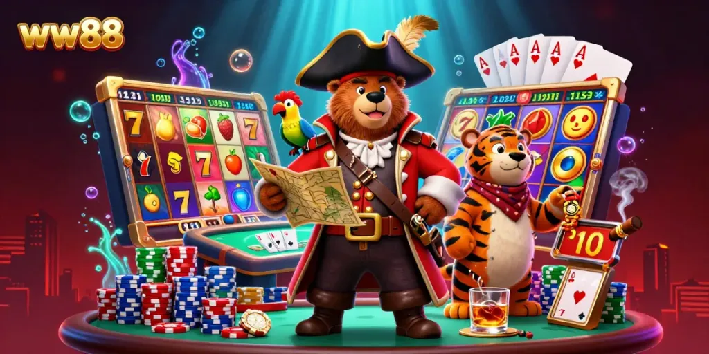Engage in thrilling gameplay at ww88 featuring vibrant slots, poker elements, and dynamic characters.