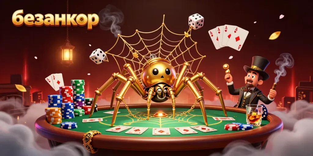 Experience the excitement of безанкор gaming with a golden spider, dice, and poker table in a vibrant casino scene.