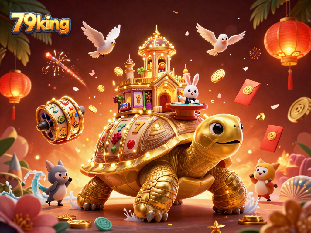 Win with 79king at a vibrant casino as a tortoise hosts a card game with golden coins.