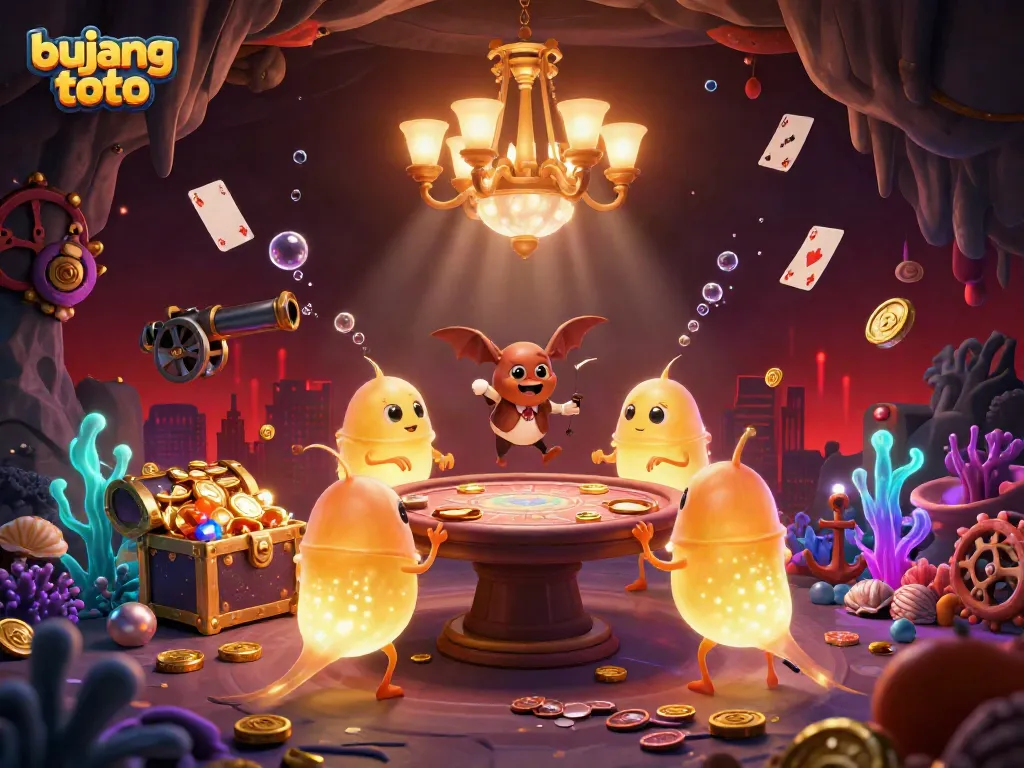 Engage in the exciting atmosphere of bujang toto with glowworms illuminating a vibrant cave casino filled with treasure.