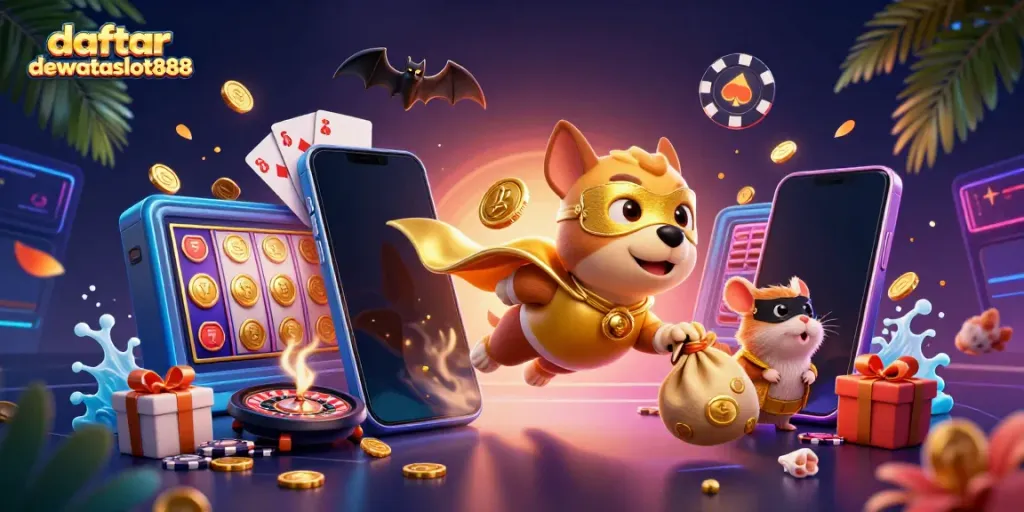 Daftar dewataslot888 sambil terbang, superhero anjing dalam jubah emas dengan koin emas di tangan.