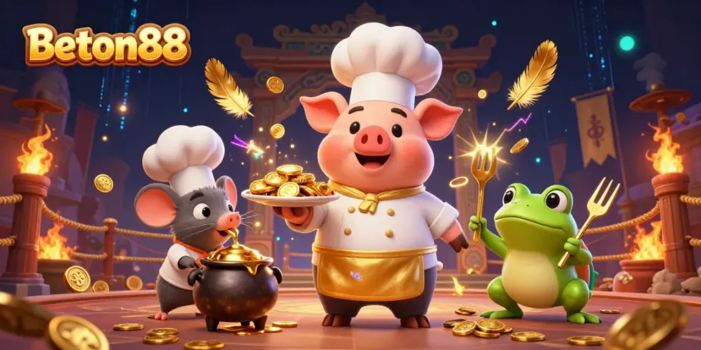 Permainan slot di Beton88 dengan chef babi menyajikan koin emas dan penonton bersemangat.