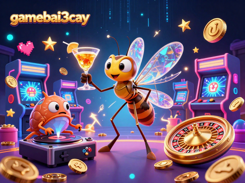 Experience thrilling gameplay with gamebai3cay's vibrant casino mascot and eclectic gaming elements.