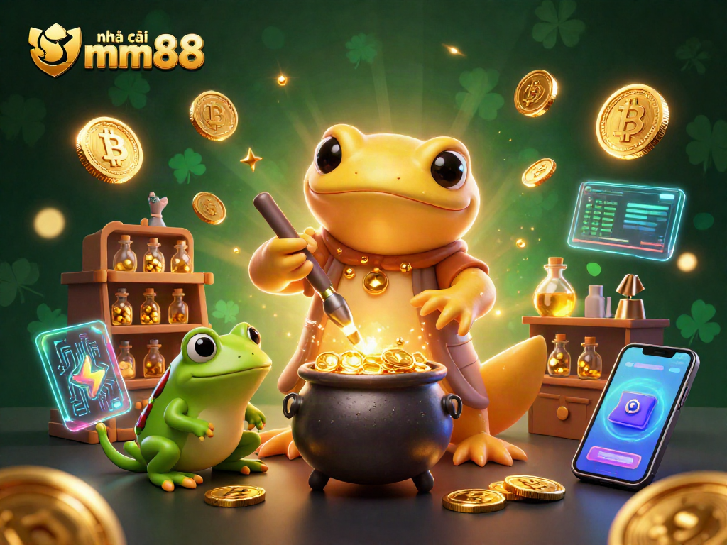 Win with nhà cái mm88 as a giant salamander alchemist transmuting coins in a vibrant cauldron scene.