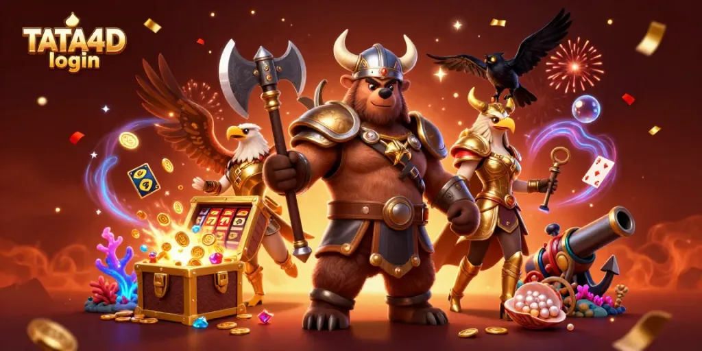 TATA4D login enhances your gaming experience with a vibrant and dynamic casino illustration featuring Viking characters and treasure elements.