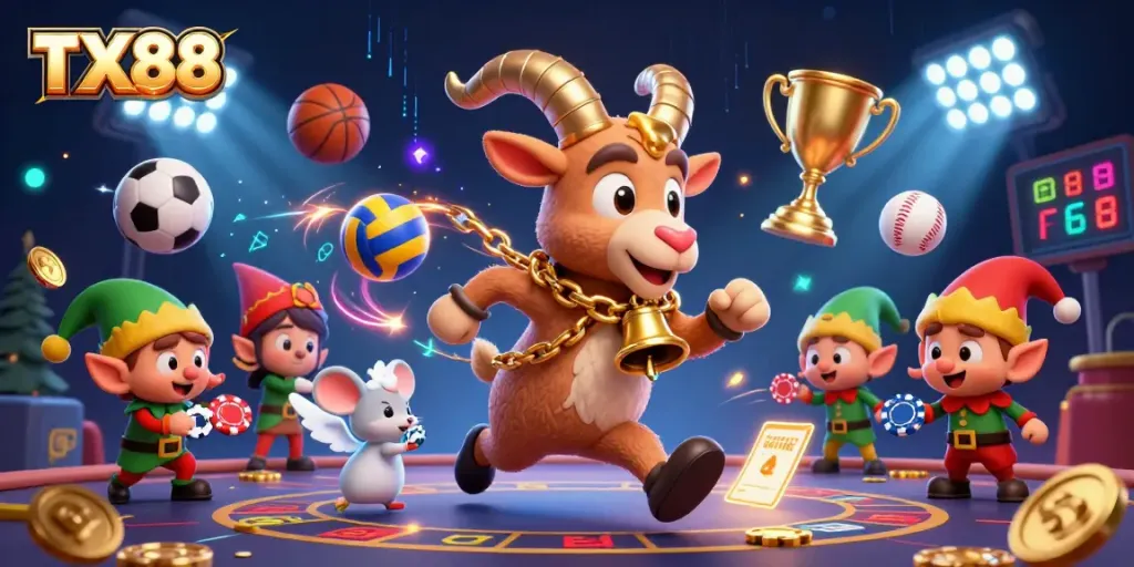 Experience thrilling gaming at TX88 with festive Krampus and playful elves stealing chips in a vibrant casino.