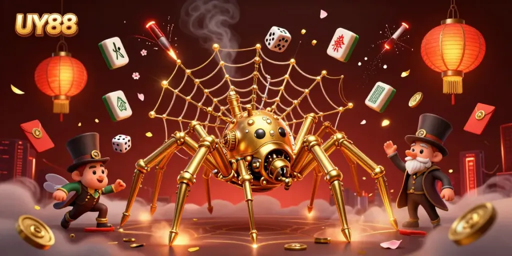 Engage with UY88's vibrant casino scene featuring a steampunk golden spider and playful elements.