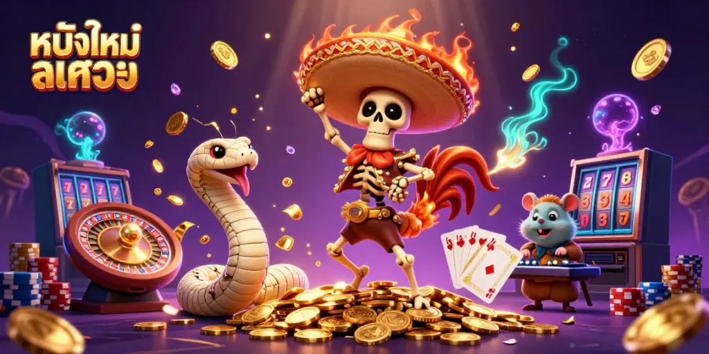 Engaging 3D scene illustrating หนังใหม่ชนโรง with festive characters in a vibrant casino setting.