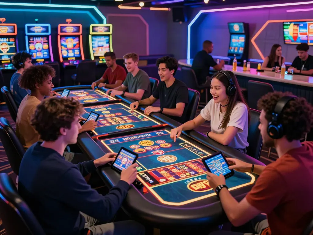 Players engaged in thrilling online gaming experience at QQMacan gaming lounge, showcasing interactive slot games and a lively atmosphere.