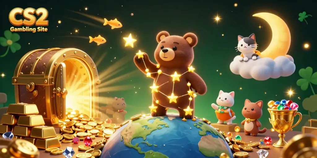 Experience the thrill at a CS2 Gambling Site with a vibrant 3D illustration of a constellation bear collecting coins and treasures.