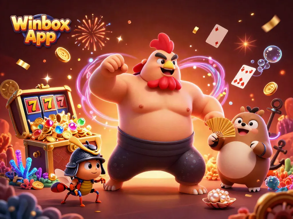 Experience the excitement of the Winbox App with a dynamic 3D illustration of characters engaging in casino fun.