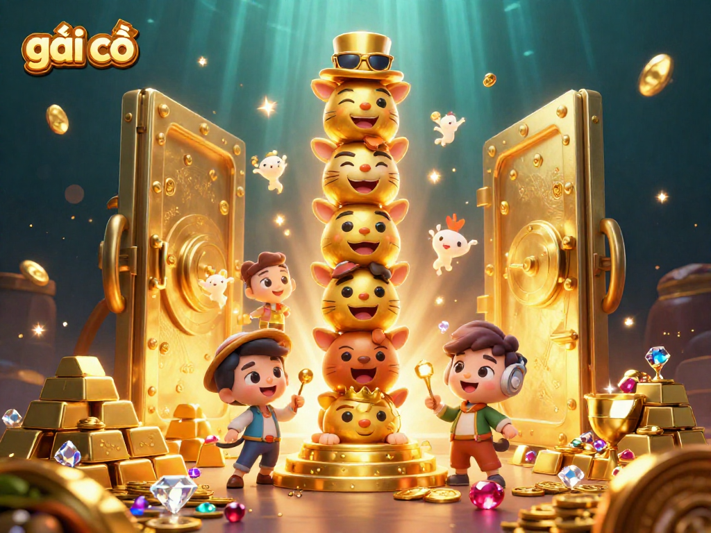 Engage with gái gọi through this vibrant casino scene showcasing golden treasures and animated characters.