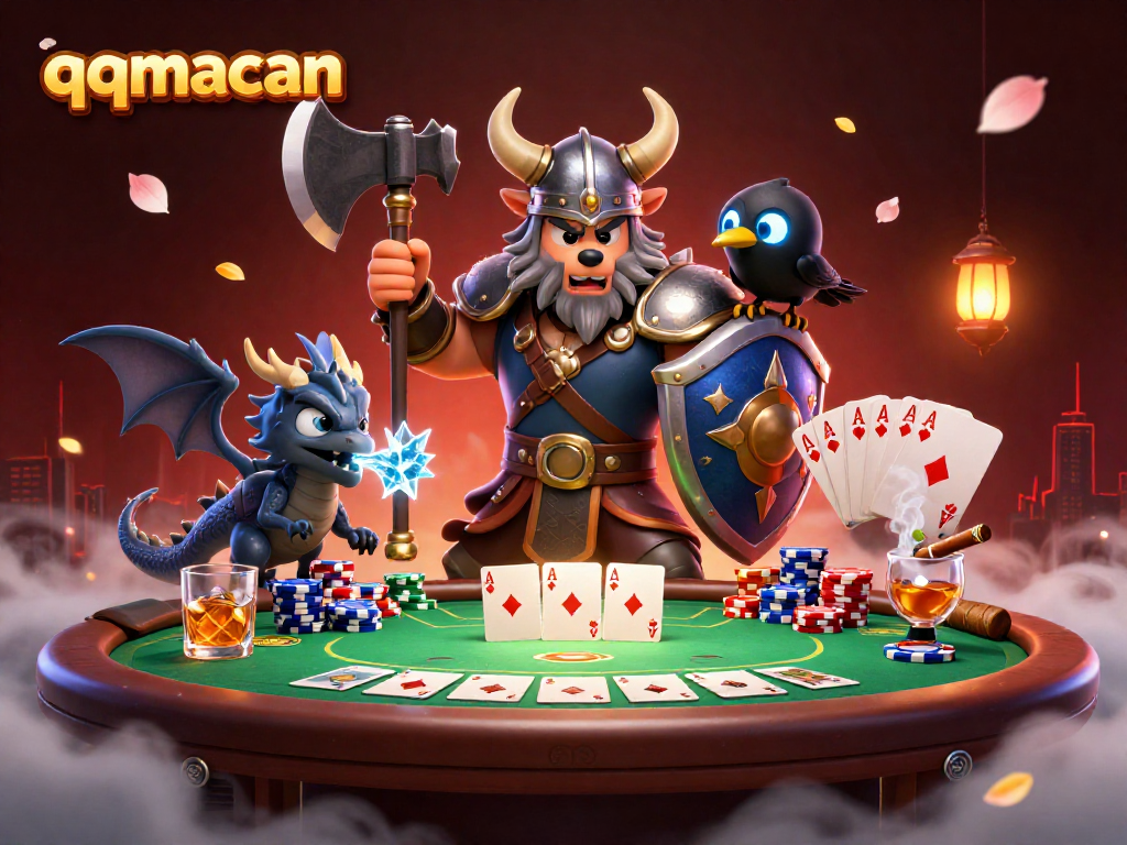 Engage in the thrill of gaming as qqmacan showcases a Viking wolf warrior with poker elements.