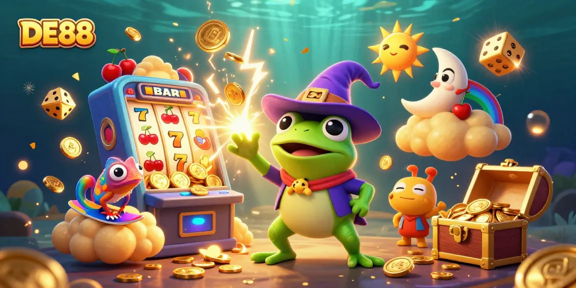 Experience the excitement of DE88 with vibrant 3D characters and a jackpot explosion in this illustrated casino scene.