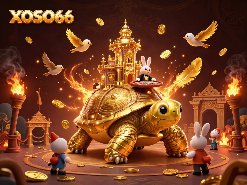 Engage with XOSO66 in a captivating 3D illustration featuring a golden tortoise casino.