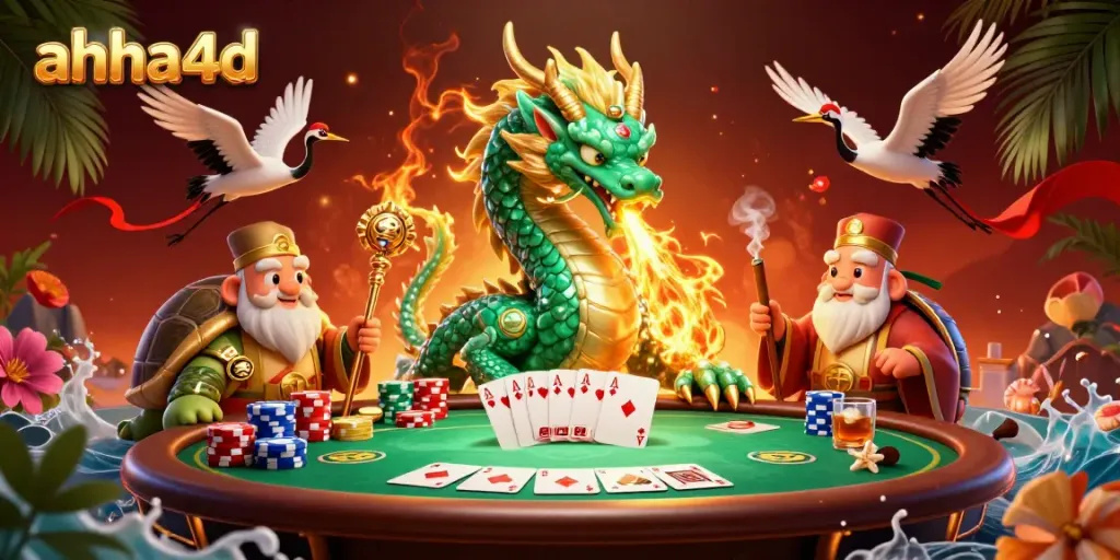 Engage in thrilling gameplay at ahha4d, featuring a vibrant 3D dragon and poker elements.