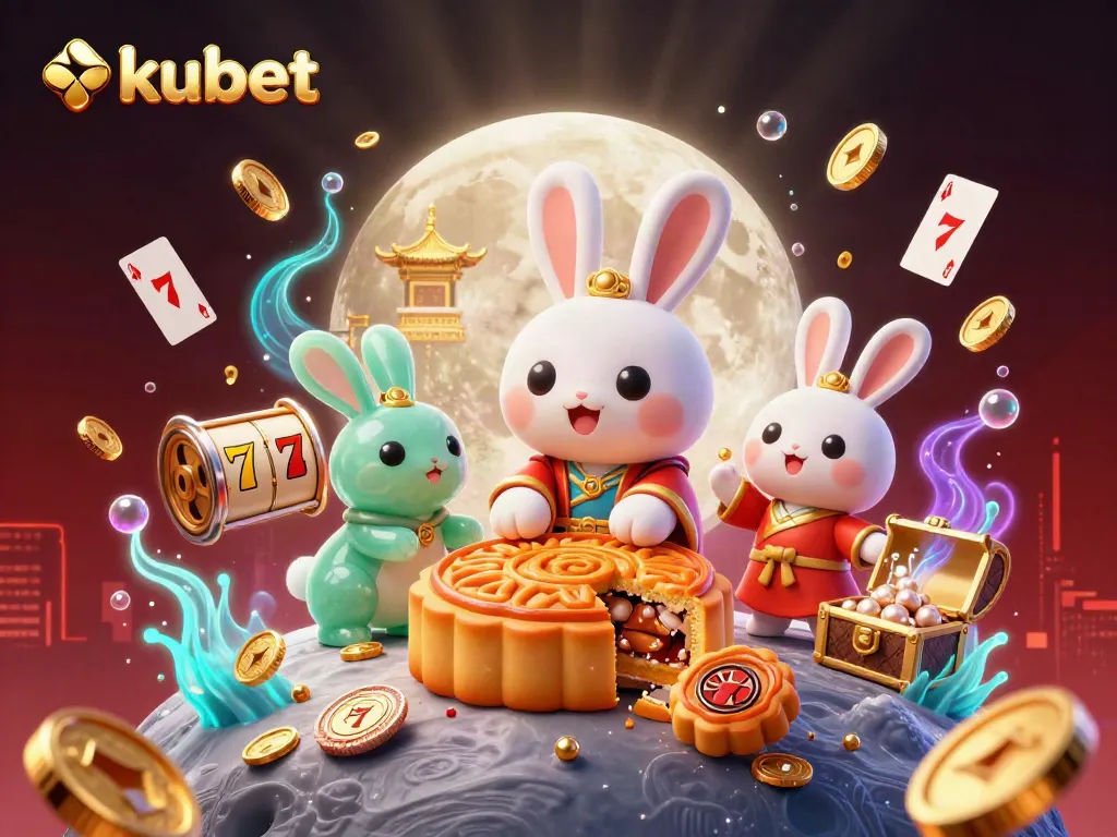 Engage with kubet by witnessing a moon rabbit chef crafting mooncakes revealing poker chips in a vibrant casino scene