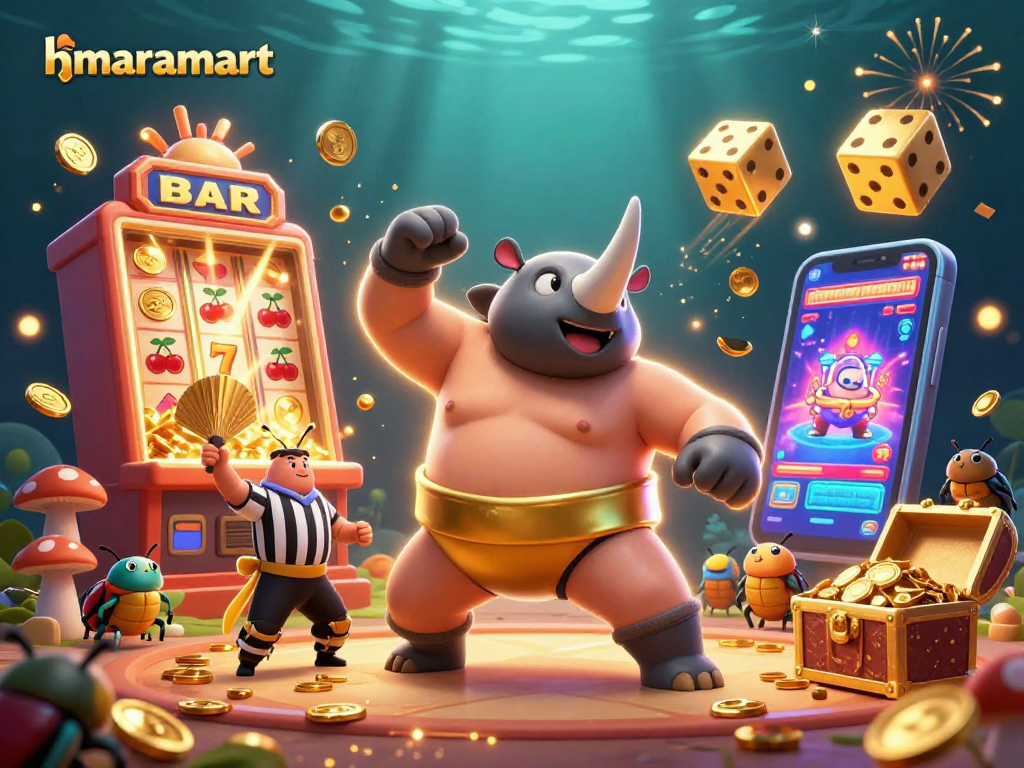 hmaramart showcases a vibrant casino scene featuring a jubilant beetle champion amidst slot machines and treasures.
