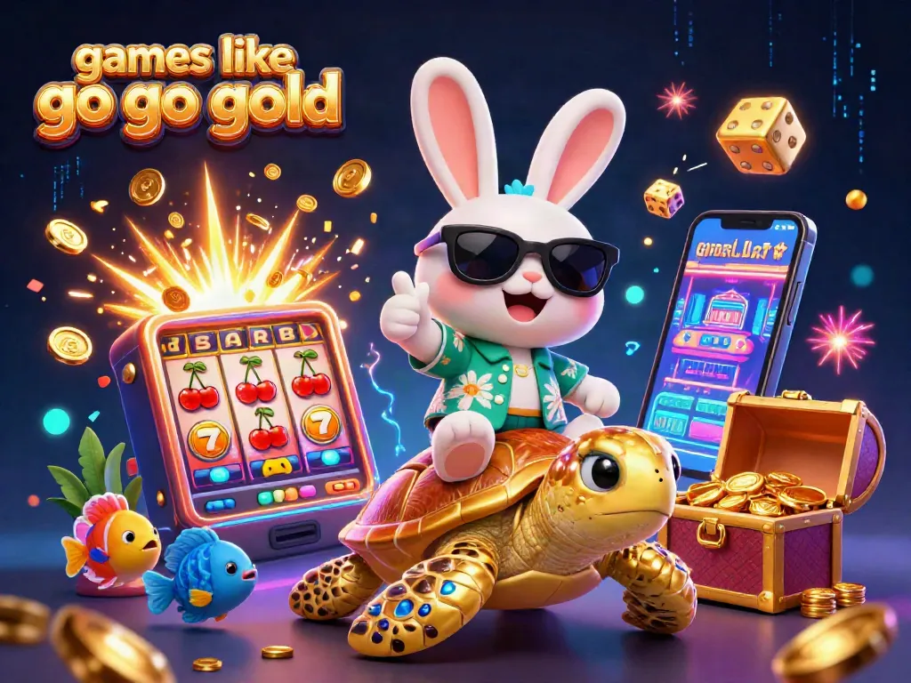 Play exciting games like Go Go Gold in a vibrant casino-themed illustration showcasing a lucky rabbit and golden turtle.