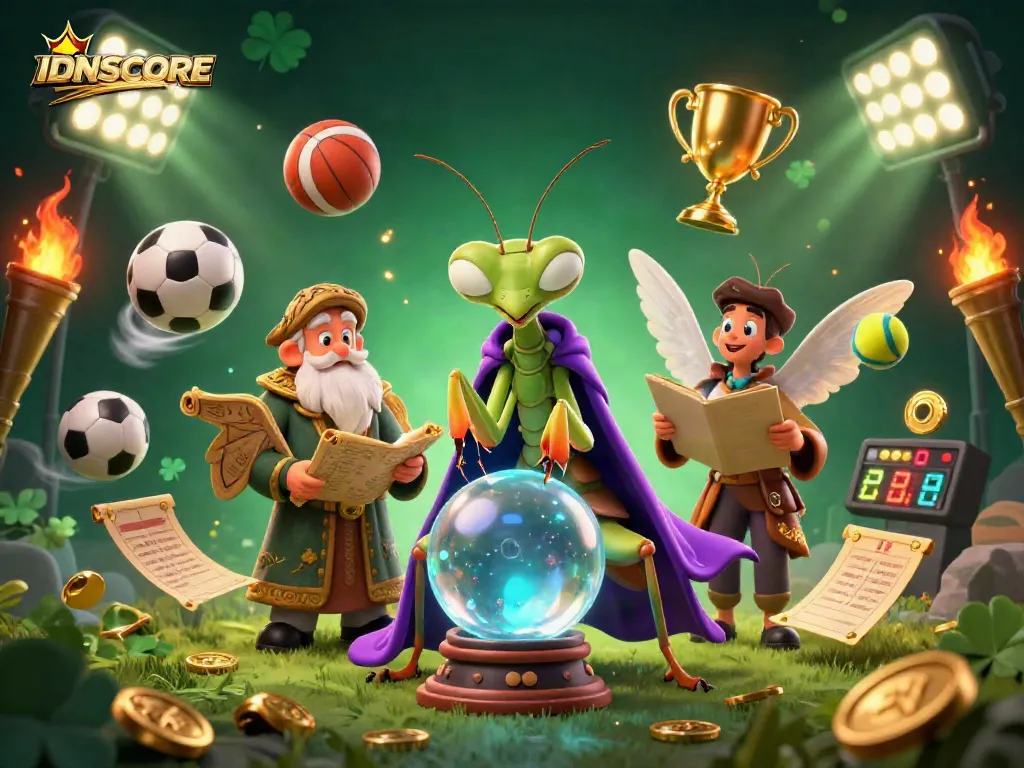 Engage in thrilling sports betting with IDNSCORE featuring a dynamic scene of fortune tellers and sports elements.