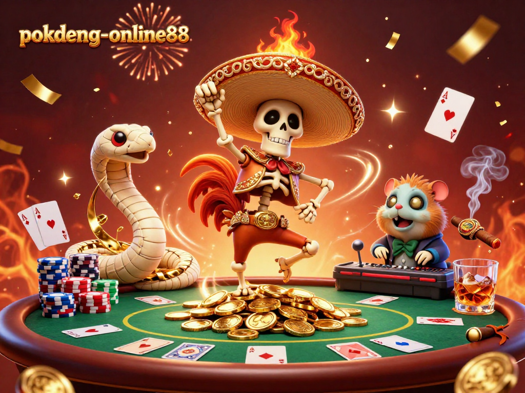 Engage in thrilling games at pokdeng-online88 with a lively scene depicting victory and celebration.