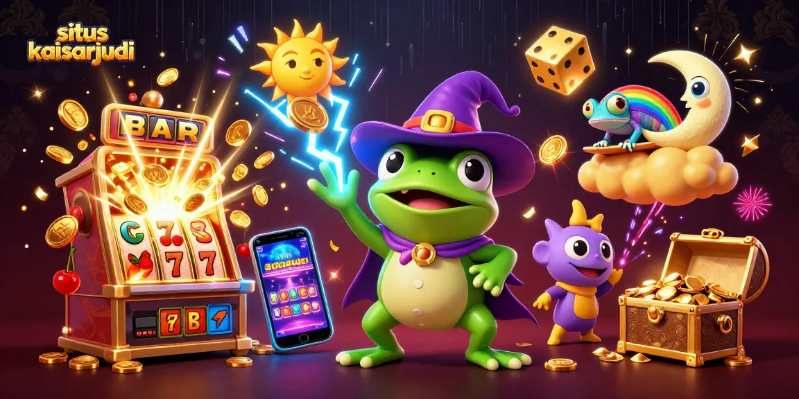Experience situs kaisarjudi with our lively casino-themed illustration, showcasing dynamic gambling symbols and characters.