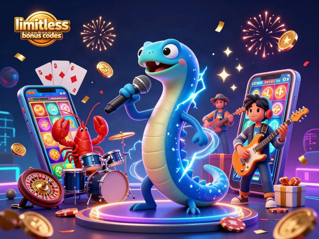 Engage with limitless casino bonus codes through vibrant 3D casino scene featuring lively characters and game elements.